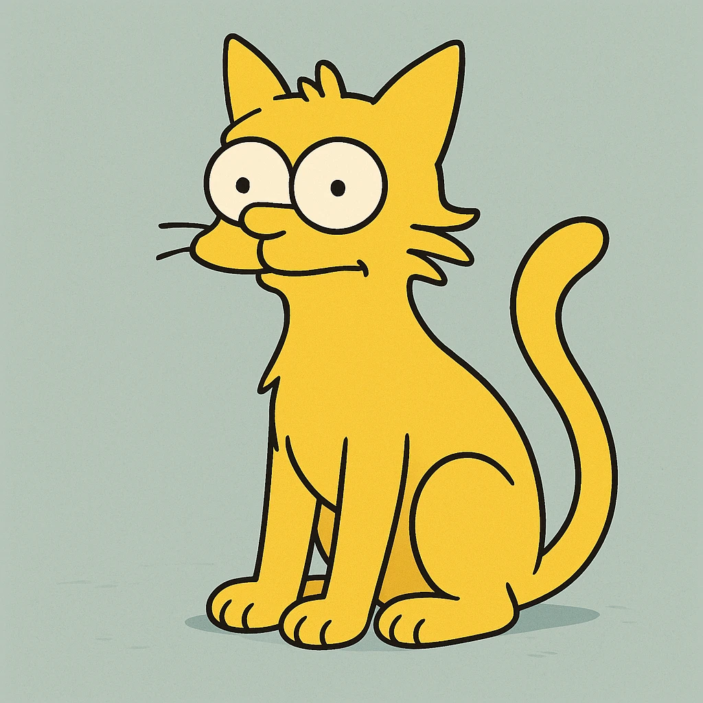 cat in the style of The Simpsons, sitting, yellow fur, cartoonish, big eyes, simple background emoji