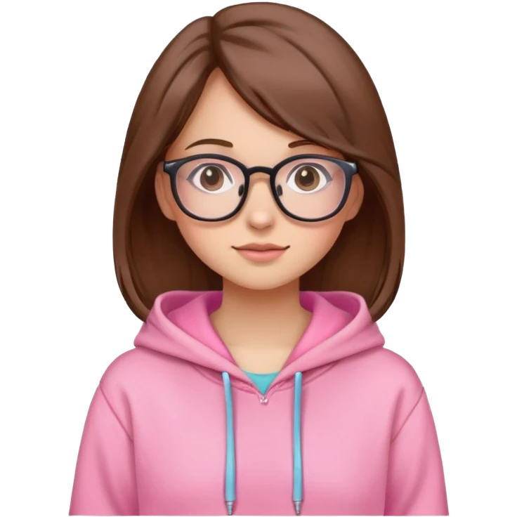 A pretty girl with brown hair and glasses wearing a pink cute hoodie emoji
