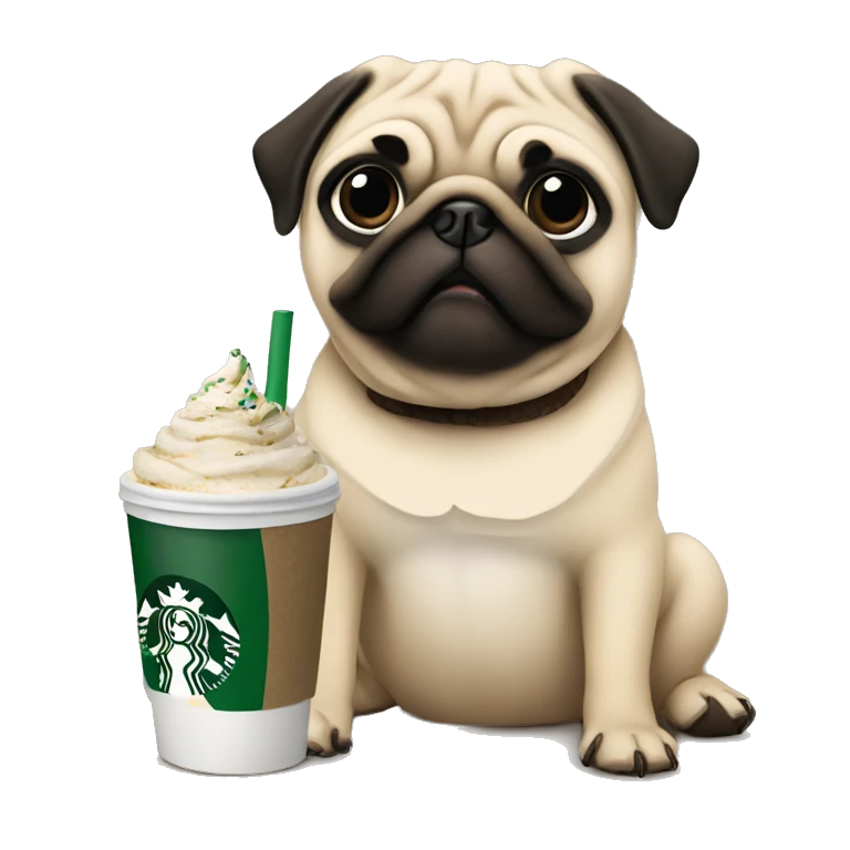 A pug drinking Starbucks emoji