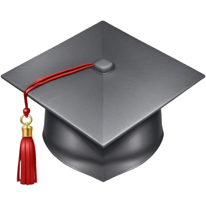 "A sturdy dark gray graduation cap (mortarboard) with a metallic texture, representing engineering. Instead of a traditional tassel, a small red gear charm hangs from one corner, symbolizing mechanics and innovation. The cap has a slightly rugged, industrial look, with subtle rivets or technical engravings along the edges. The background is plain white emoji