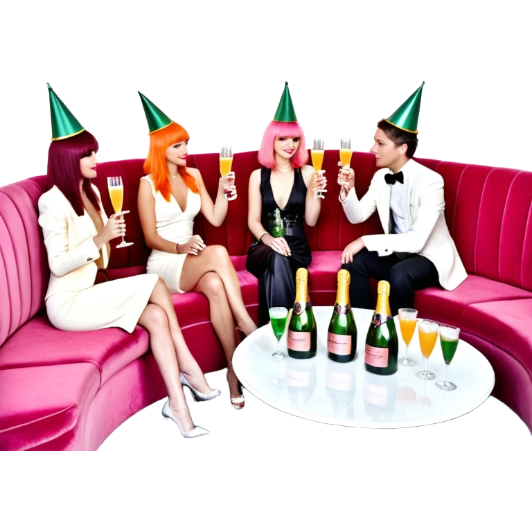 we sit around a banquette, a long, curved sofa adjacent to two small low tables brimming with bottles of Perrier-Jouët champagne, Belvedere vodka, carafes of orange juice and cranberry juice in silver ice buckets, and neat little stacks of glass tumblers. The table is right next to the DJ booth. emoji