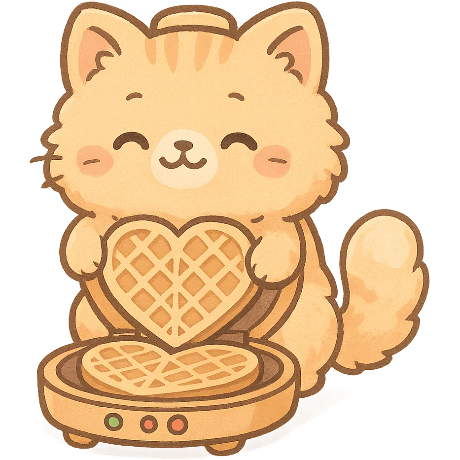 cute chibi style soft fluffy cat as a waffle maker, showing heart-shaped waffles, pastel orange, full-body emoji