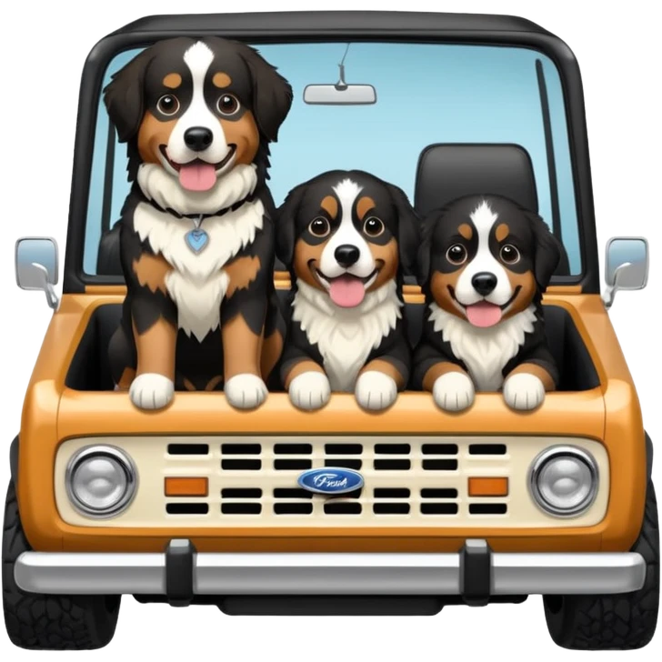 Cream colored ford bronco with no roof and an adult Bernese mountain dog in the seat emoji