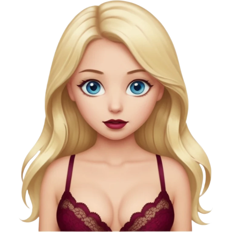 A beautiful blue-eyed girl, a blonde with long hair, full lips, and large eyes, wearing a burgundy lace bra through which her breasts are visible emoji