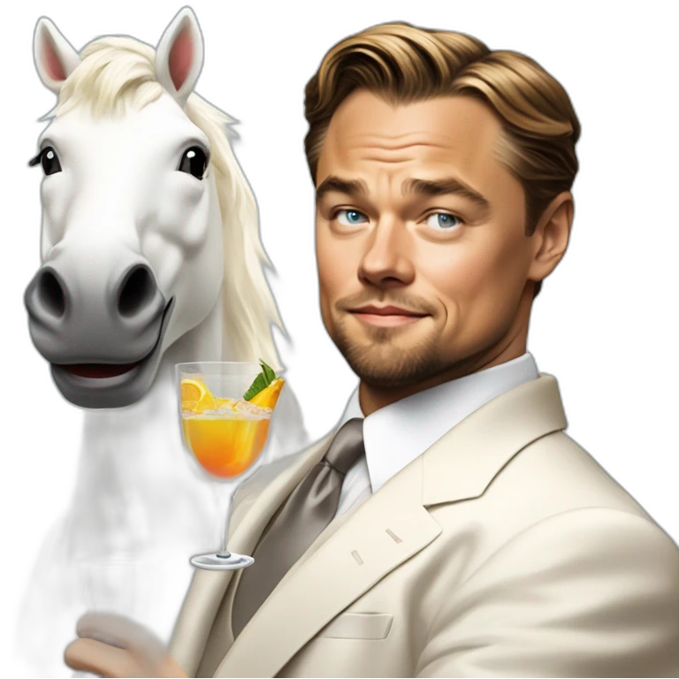 Leonardo DiCaprio smiling, raising a glass of cocktail and riding a white unicorn as a rich billionaire emoji