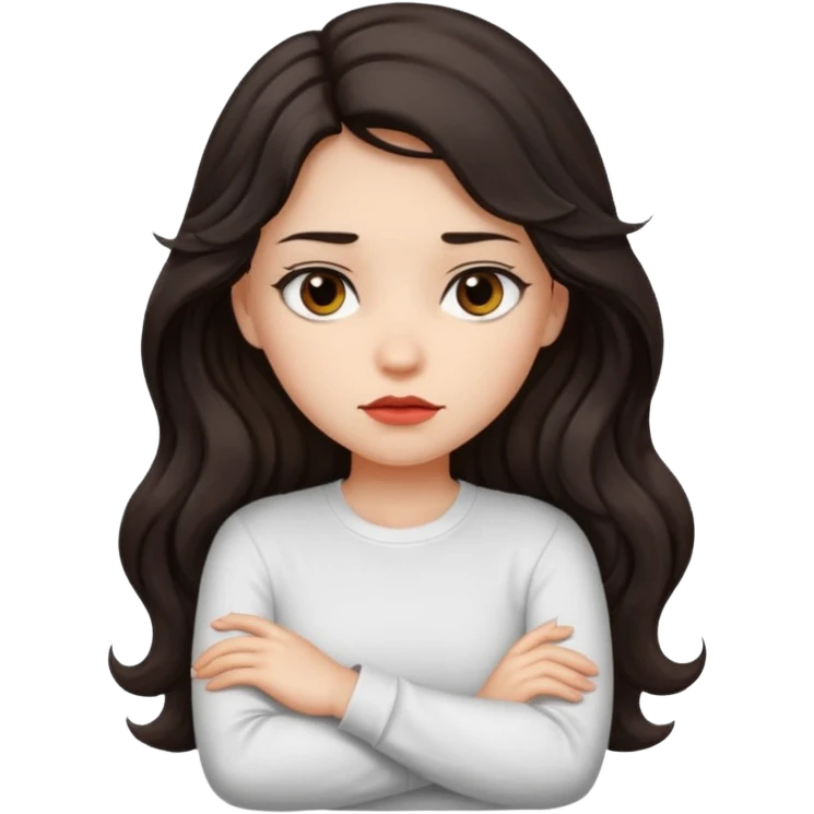 girl dark long wavy hair crossing her arms with slight pout emoji