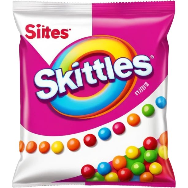 A vintage 90s Skittles package with neon accents, radical 90s American style, old school logo, bright and colorful emoji