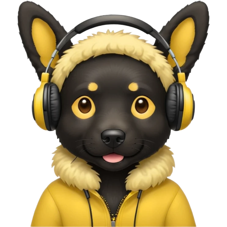 stylish black dog wearing yellow headohones emoji