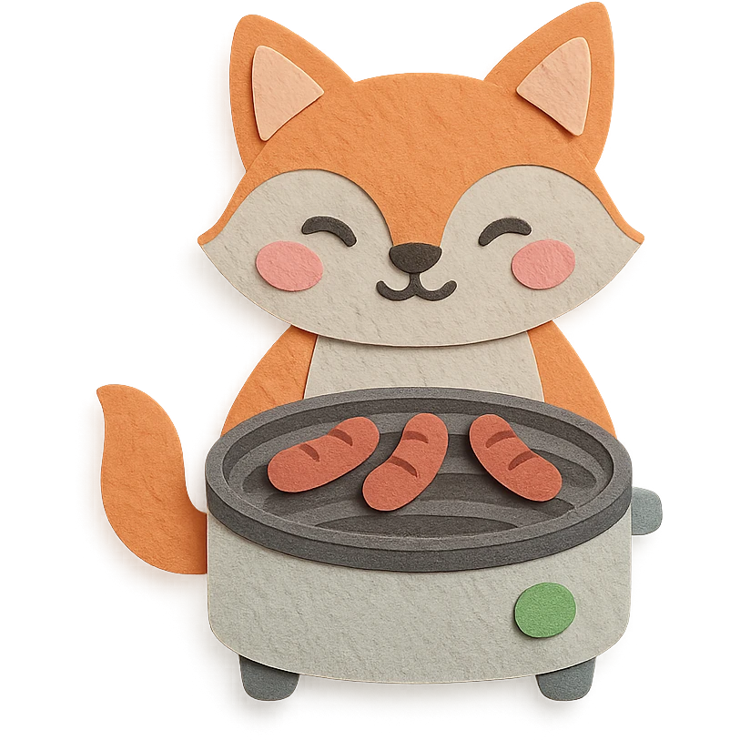 cute fox-shaped electric grill cooking tiny sausages, blushing, pastel grey, full-body emoji