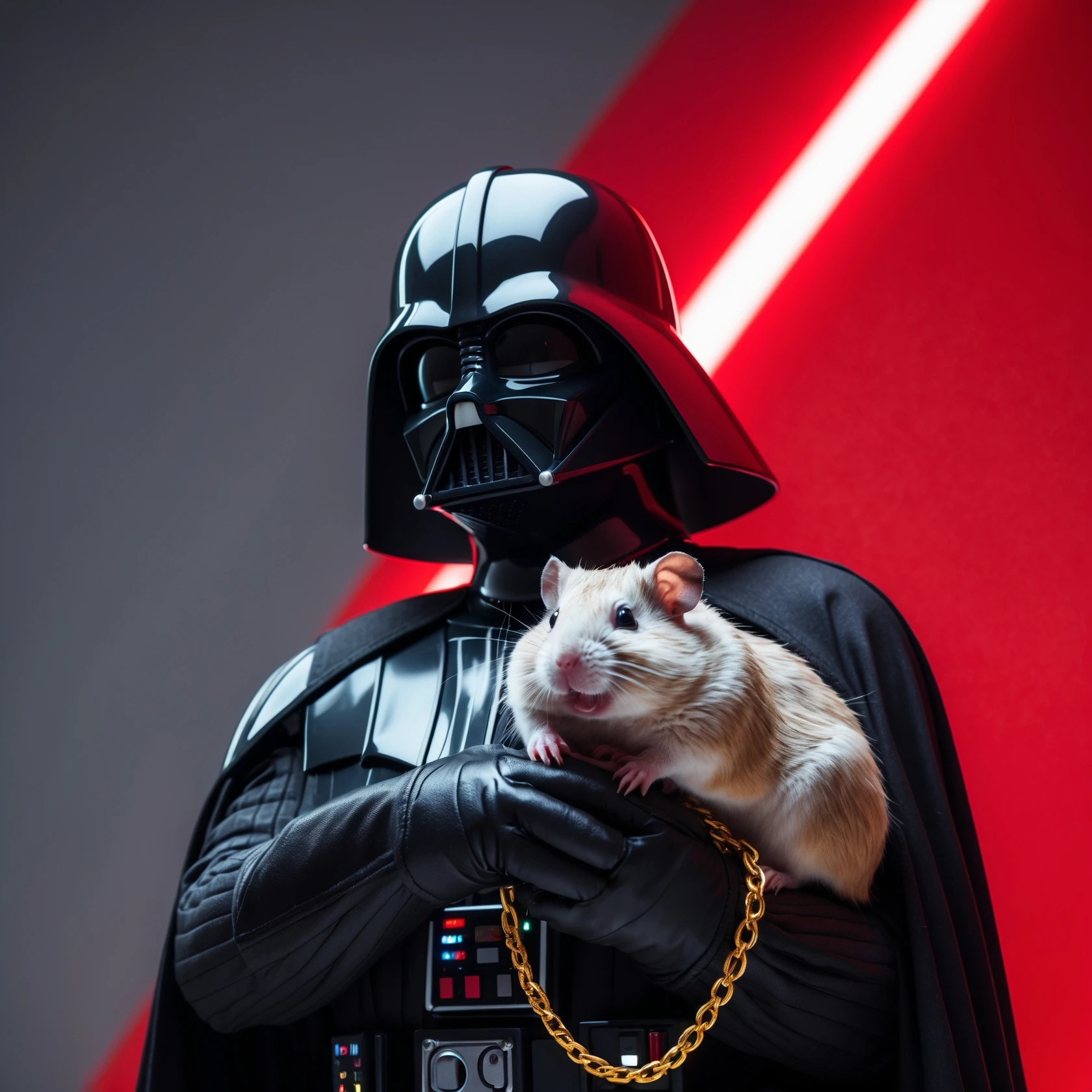 Extreme Closeup Photo of a darth vader holding big hamster with golden chain, low key light, red solid background with leading lines, back light, spot light emoji