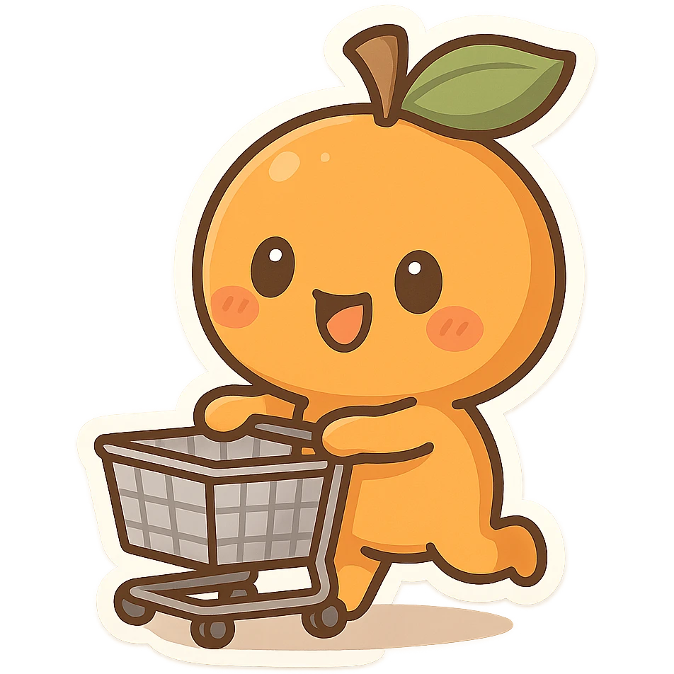 an orange character pushing a shopping cart, cute and playful emoji