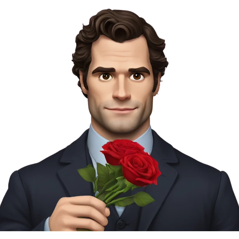 realistic photo of Henry Cavill holding roses and chocolates emoji