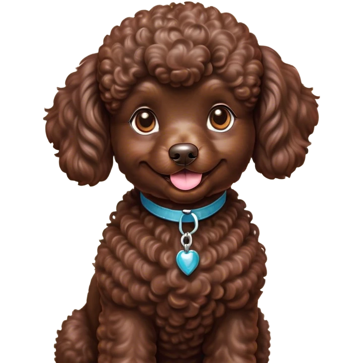 Cinematic Cute Chocolate Poodle Portrait Emoji, Head tilted playfully and inquisitively, showcasing a bouncy, curly chocolate Fur with a healthy sheen, round, sparkling brown eyes filled with curiosity, Simplified yet irresistibly adorable features, highly detailed, glowing with a warm, friendly glow, high shine, affectionate and lively, stylized with a touch of whimsy, bright and endearing, soft glowing outline, capturing the essence of a mischievous yet loving companion, so playful it feels like it could bounce out of the screen and into your arms! emoji