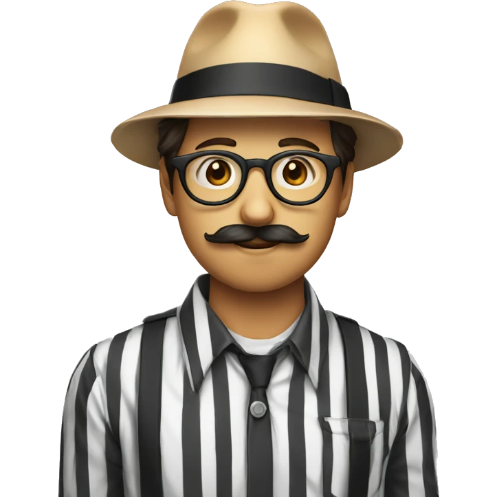 Nerd face circle emoji with black and white long sleeve striped shirt and a fedora and a mustache and a baguette and a cigarette in hand emoji