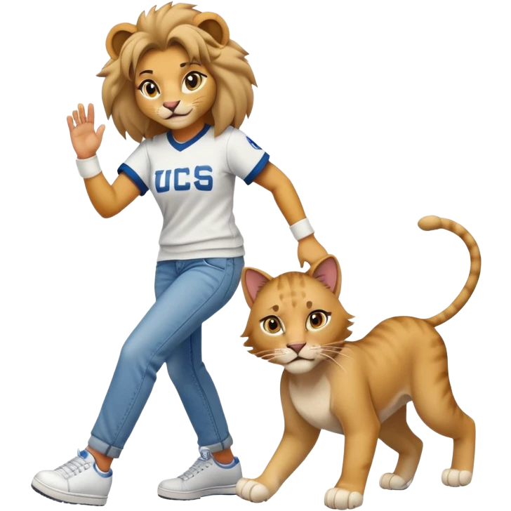 friendly anthropomorphised female lion in a baseball shirt, jeans, and trainers helping a hiphop female cat up after falling emoji