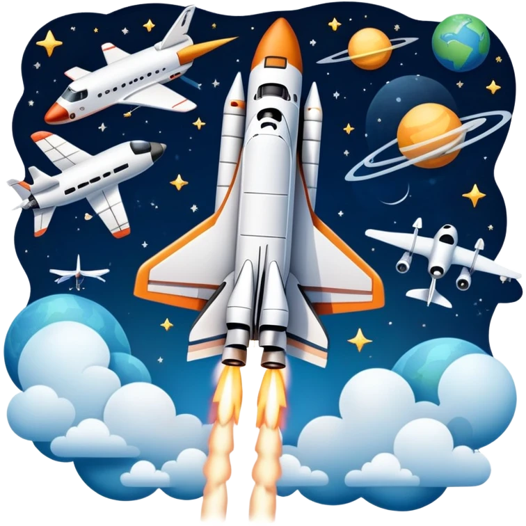 An icon featuring a space shuttle, a drone, and an airplane against a starry sky, symbolizing aerospace technology. The design includes rocket boosters and satellite orbits, representing the exploration of space and advanced aviation. Transparent background emoji