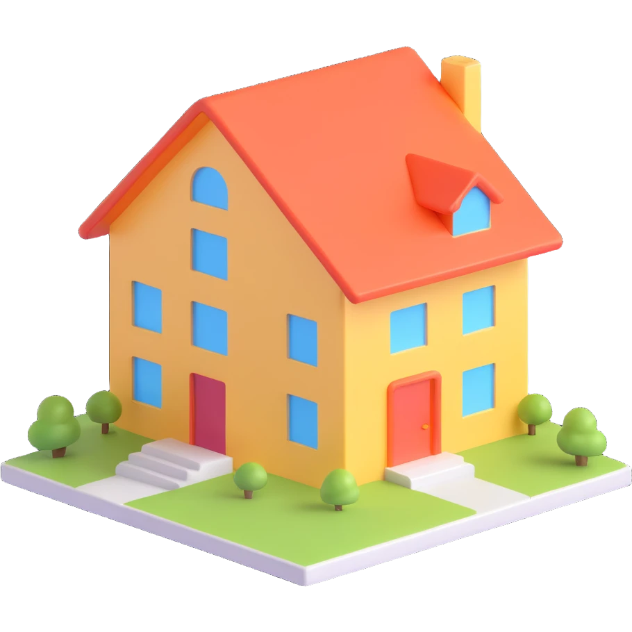minimalist building outline, simple house icon, polished, glossy, 3D look emoji