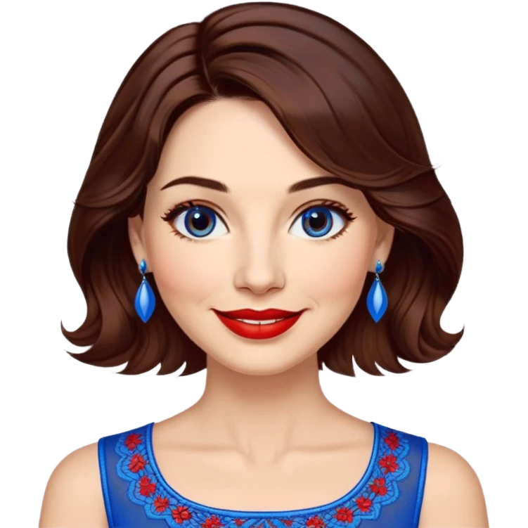 Woman in her 40s with clear skin, round face, wide friendly smile, big light brown eyes, vibrant red lipstick, shoulder-length wavy dark brown hair, white top with blue embroidery and electric blue neckline, mature elegant look emoji