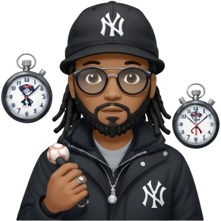 African American Man with shoulder length black dreadlocks with black beard wearing black sunglasses wearing a black bubble winter coat and a New York Yankees logo baseball cap holding a stopwatch emoji