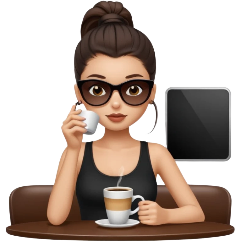 generate a pretty fair bratz girl with dark brown eyes, dark brown eyes tied into a slick back ponytail, thin brown sunglasses. Wearing a black cami top and drinking coffee emoji