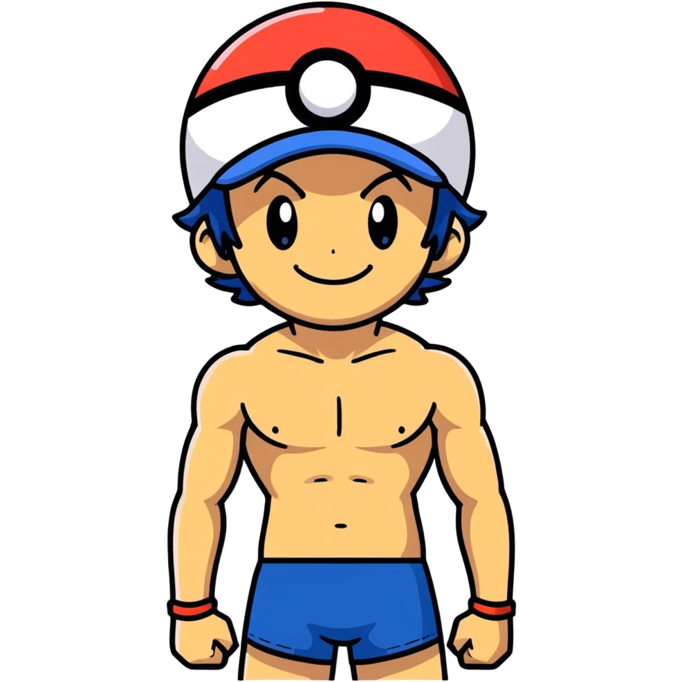 Hot handsome very muscular 6ft 5inch tall smiling happy fun shirtless Ash Ketchum coming out of a pokeball in short swimwear emoji