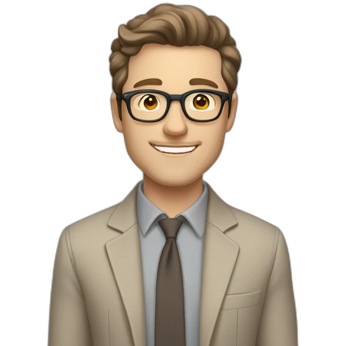 Joyful Pale skinned Fit Man With dark brown hair in gray jacket, beige office shirt, Brown pants and vintage glasses. His thrumbs up emoji