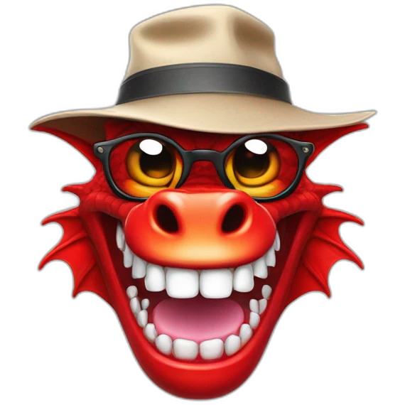 Crazy funny red dragon head with human white teeth and beautiful smile wearing glasses and hat emoji