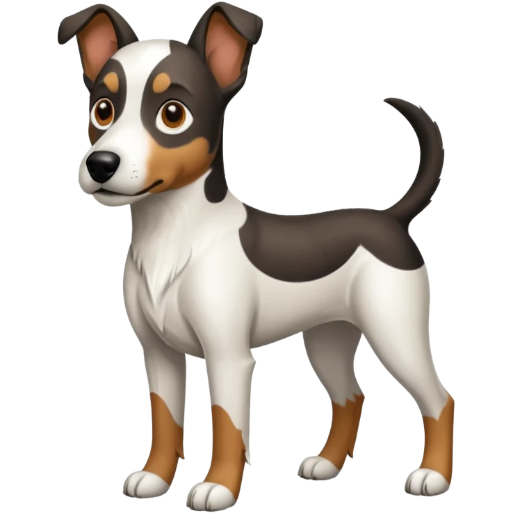 a full body large white floppy eared parson russell looking dog the size of a kelpie with light brown ears and a light brown patch on one eye and a large snout emoji