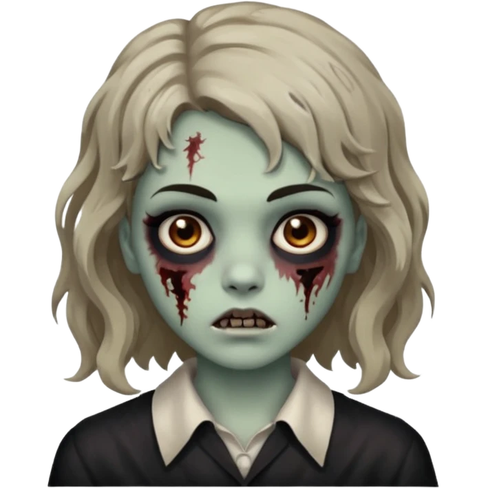 Cabelo ondulado  um pouco cheio e franja curta  Olhos marrons e pequenos e feita d ezumbi emoji