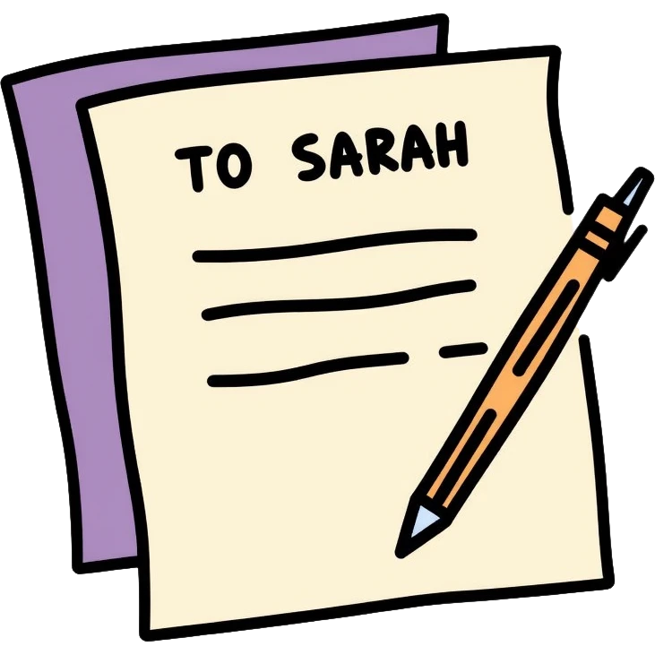 a paper letter with "TO SARAH" text written at the top of the letter, with a pen lying next to it emoji