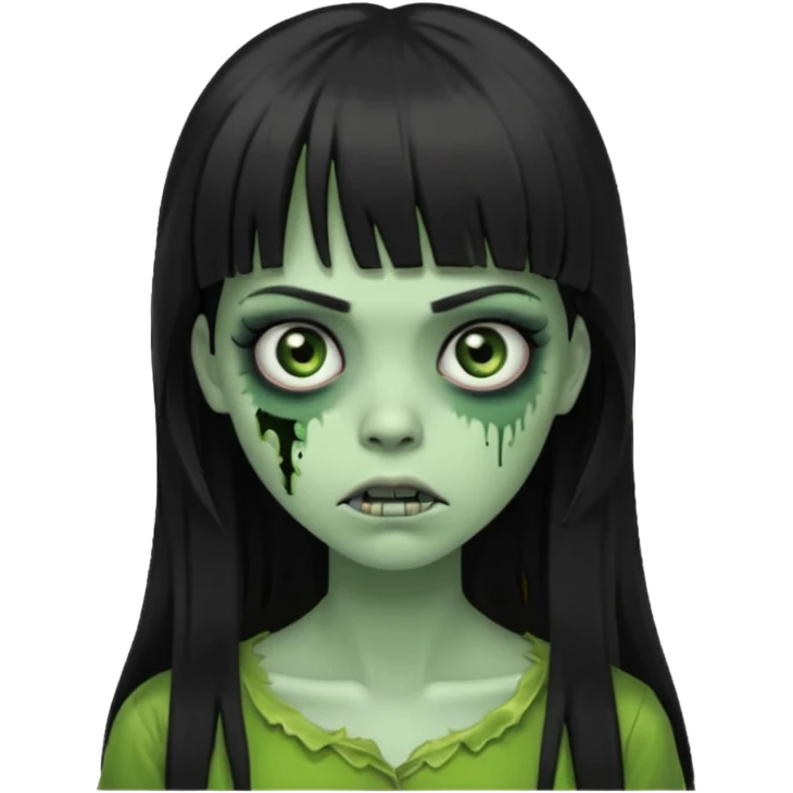 queria um emoji de zumbi verde de uma garota, olhos pretos, cabelos escuros e longos, com uma franja acima da sobrancelha  emoji