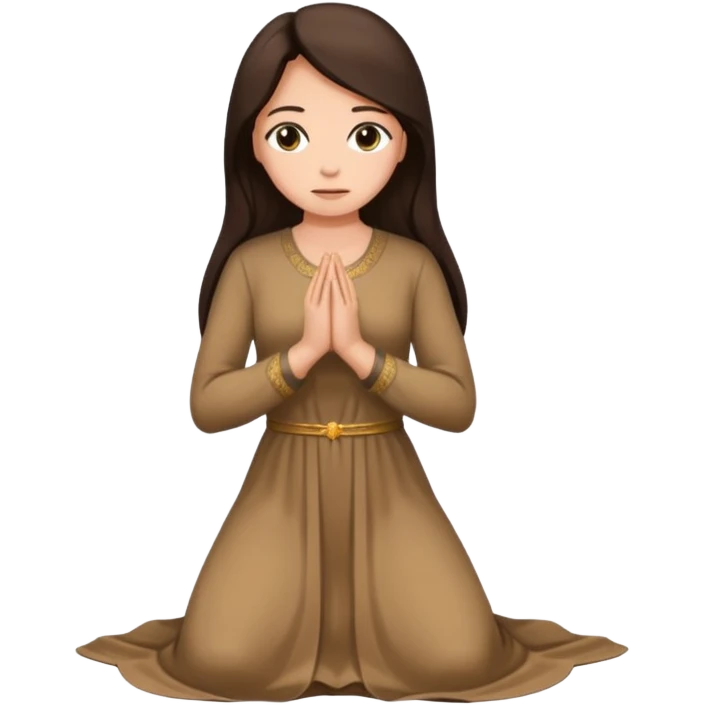A woman kneeling praying, in a long dress, long dark brown hair emoji