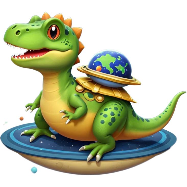 Dinosaur riding a frog orbiting the solar system emoji