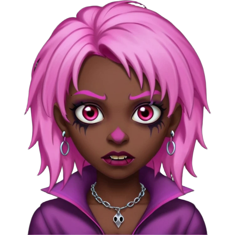 girl,darksinvampire, pink hair, very longhair , shaggy, dark, spooky,double eyebrow dermal piercing, creepy expression emoji