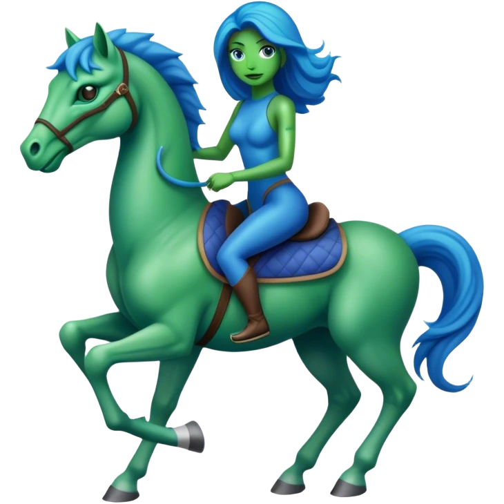 reptilian alien green woman, rides blue horse
 emoji