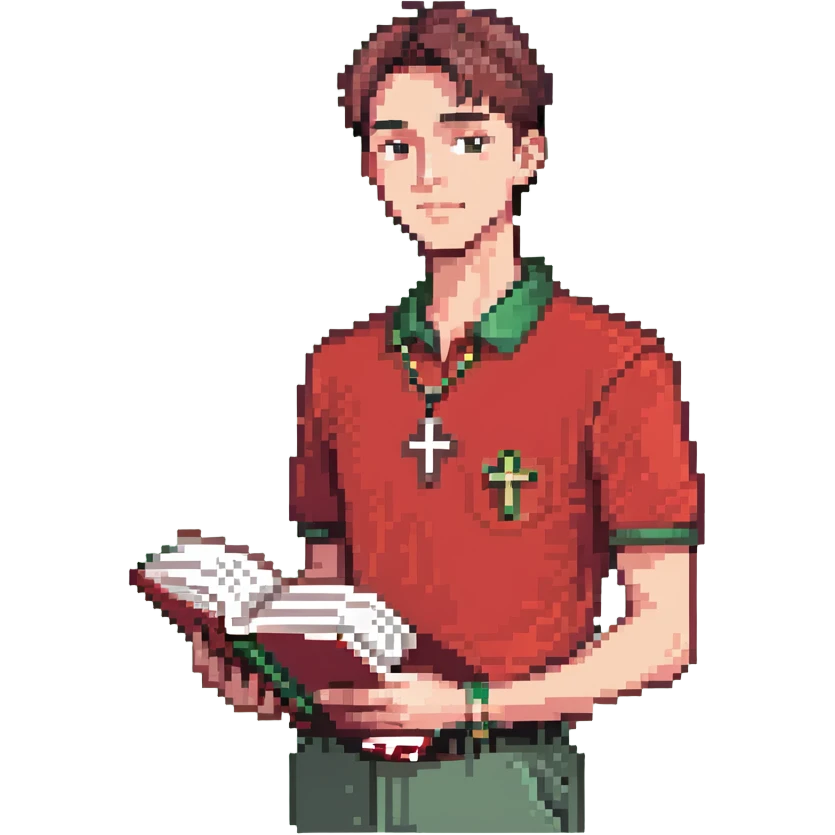 full body man wearing a red polo shirt, cross necklace, clean haircut, holding a book, head to toe emoji