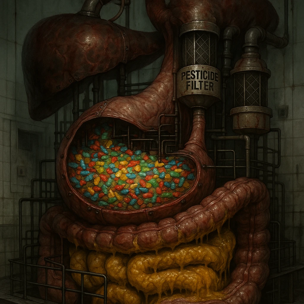 medical horror scene of a human digestive system as a factory, stomach packed with bright microplastic fragments, liver pipes blocked by pesticide filters, intestines coated in yellow preservative sludge, disturbing clinical horror vibe emoji