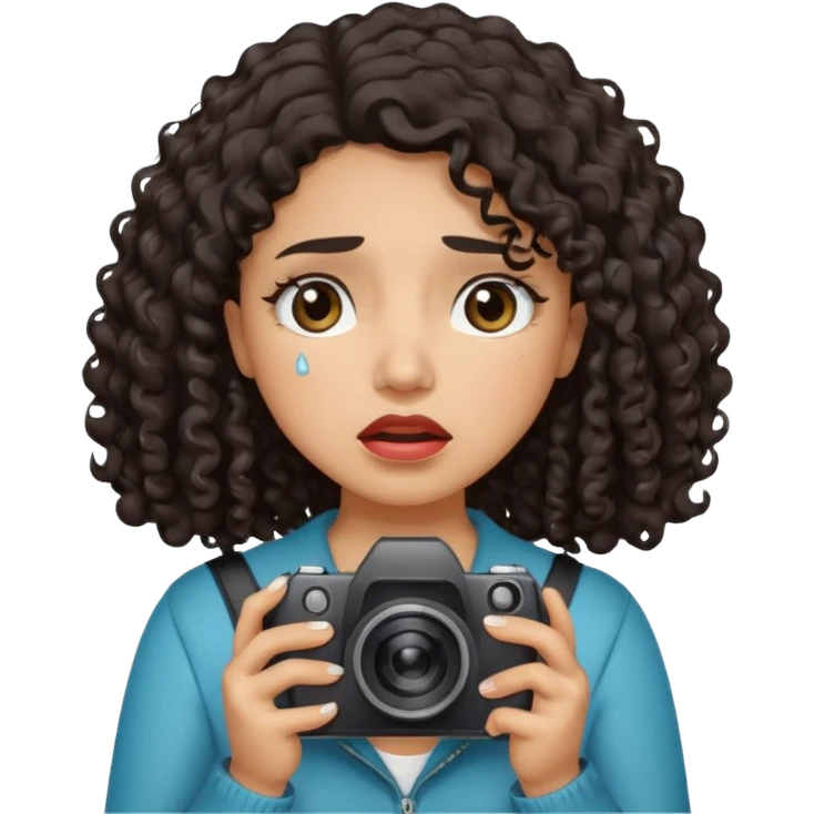 Hispanic Woman with shoulder length dark curly hair holding a camera crying tears emoji