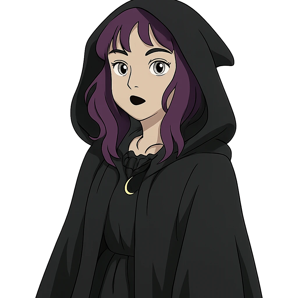 gothic woman with purple hair, witchy touch, wearing a black cloak, ghibli style emoji