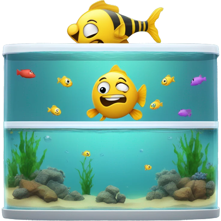 2 fish tanks, the one on the left is full of fish, the one on the right is full of water, one on the fish jumping into right one from the left one, and text on the top saying “im nothing like yall 😎😭😭😭” emoji