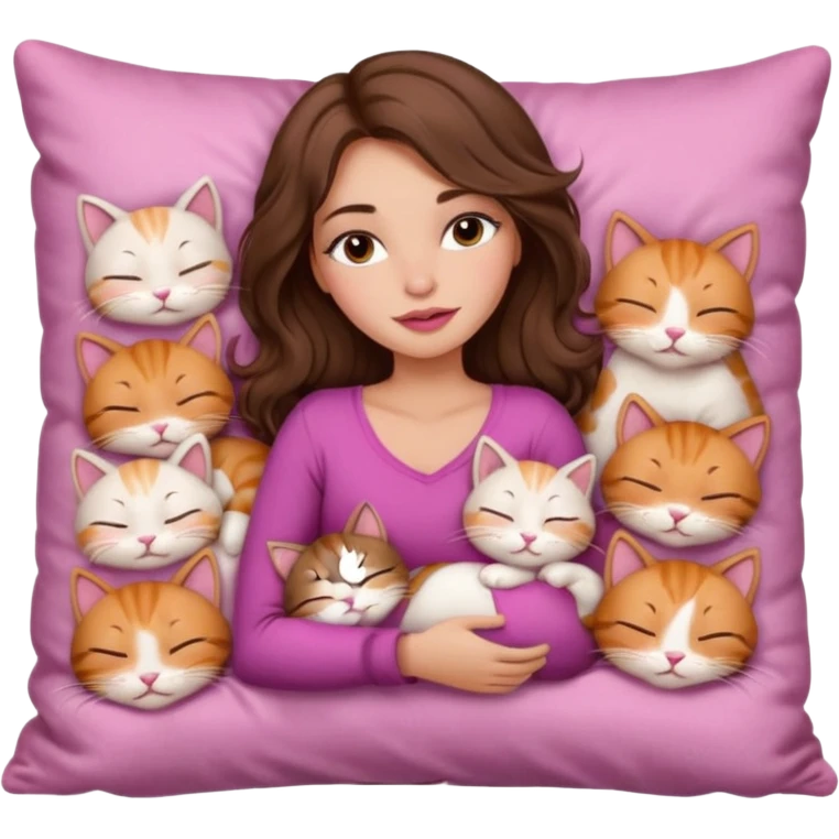 girl with long wavy brown hair, brown eyes, long lashes makeup, sexy pink lips, light to medium complexion,  sleeping on a cozy pillow, with 6 cute cats, sleeping emoji
