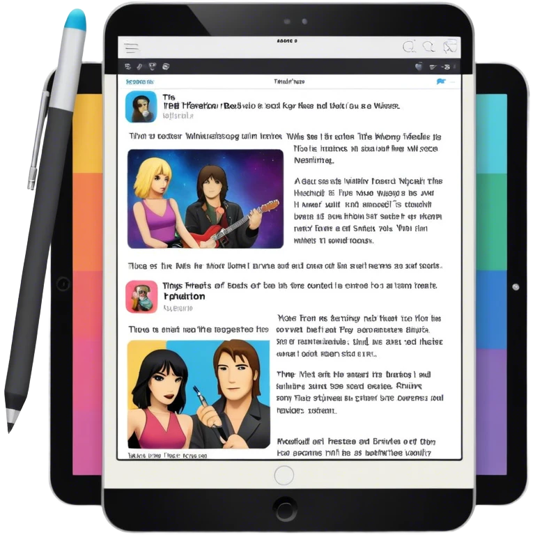Create an emoji representing fanfiction writing. The design should feature a tablet with a screen displaying images of rock and movie stars, symbolizing the inspiration from popular culture. Next to the images, there should be visible text representing the fanfiction being written. A stylus should be placed near the tablet to emphasize the act of writing. Use a creative and expressive color palette with vibrant and neutral tones. Do not include any emojis or smiley faces. Make the background transparent. emoji