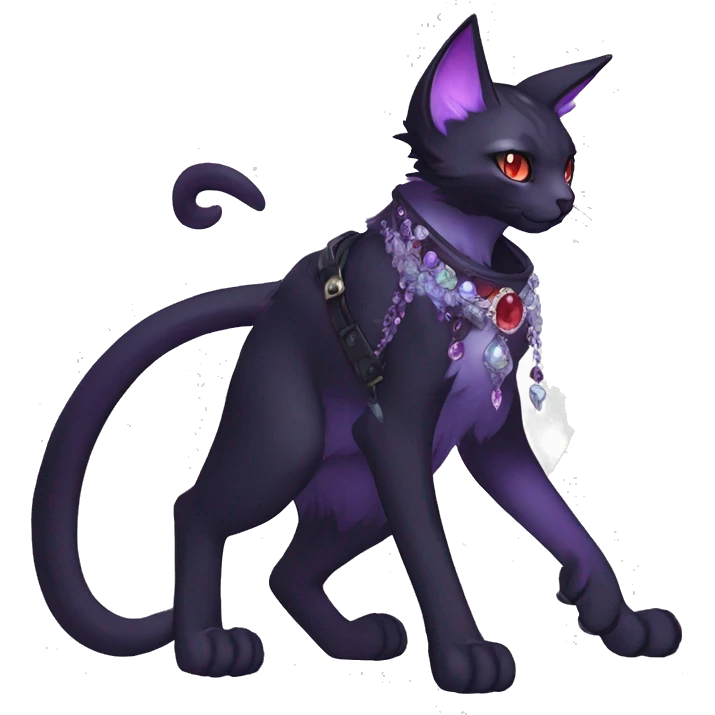 cool kawaii cartoon edgy distinguished ethereal elegant beautiful fantasy black purple red ethereal fantasy nargacuga-Noivern-cat-Quiana-Fakemon collar harness moon gem jewels full body emoji