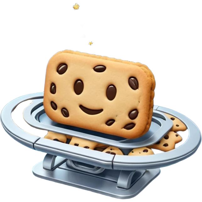 Half spaceship cookie factory floating in space, robotic arms baking in zero gravity, stars in background, futuristic emoji-style emoji
