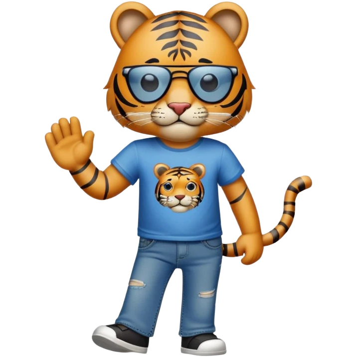 anthropomorphised tiger in a band t-shirt and jeans wearing an eye patch walking upright emoji