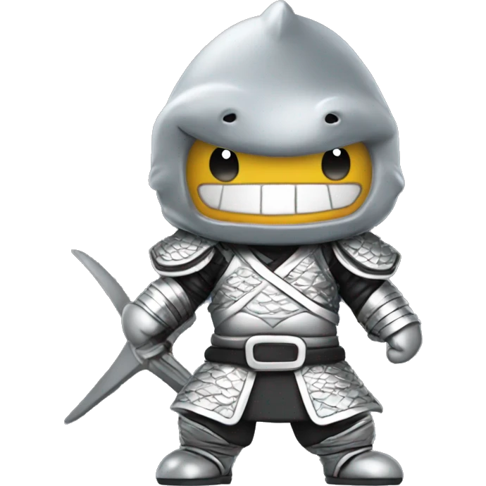 A fully silver chrome figurine of a shark in a samurai outfit. emoji