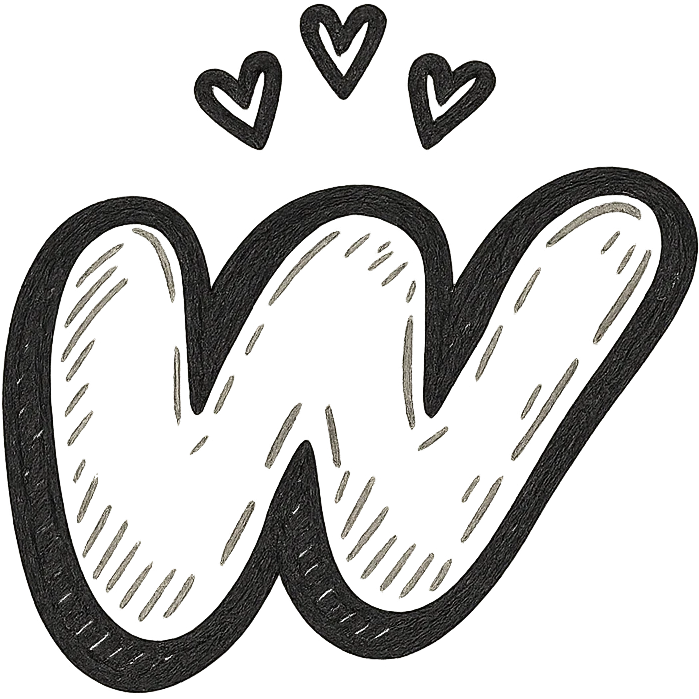 plump hand-drawn Wattpad logo 'w' with bold outline, expressive shadows and highlights, crown of small hearts above the logo emoji