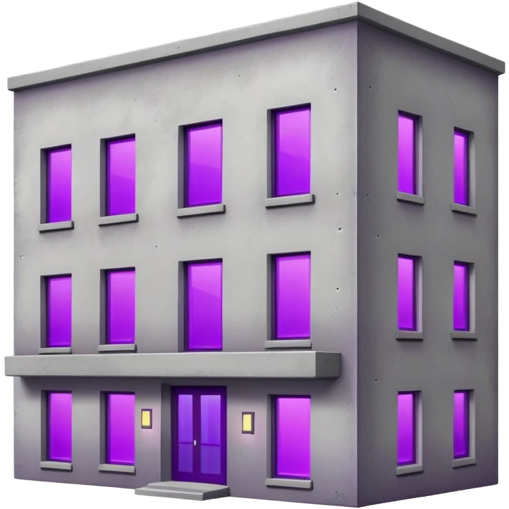 Small gray concrete apartment building with bright purple window glow, stark and simple emoji