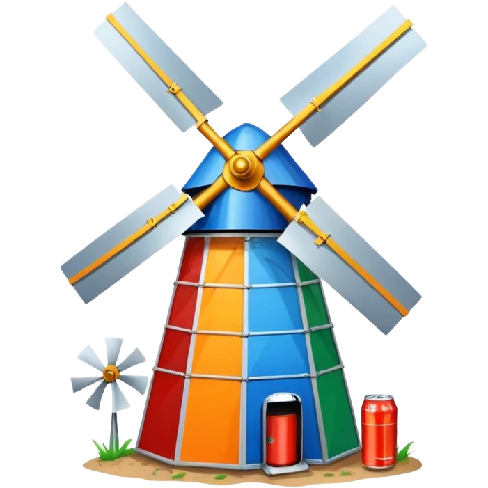 quirky and colorful windmill made from recycled objects like cans, bottles, and old metal emoji