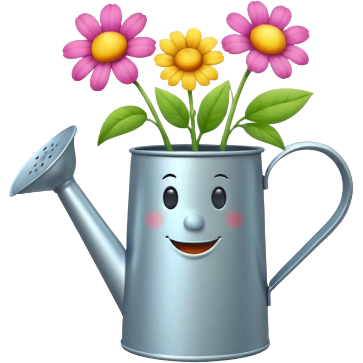 give me a watering can with legs. anthropomorphise the can. have the can watering 3 plants on the grown (flowers) emoji
